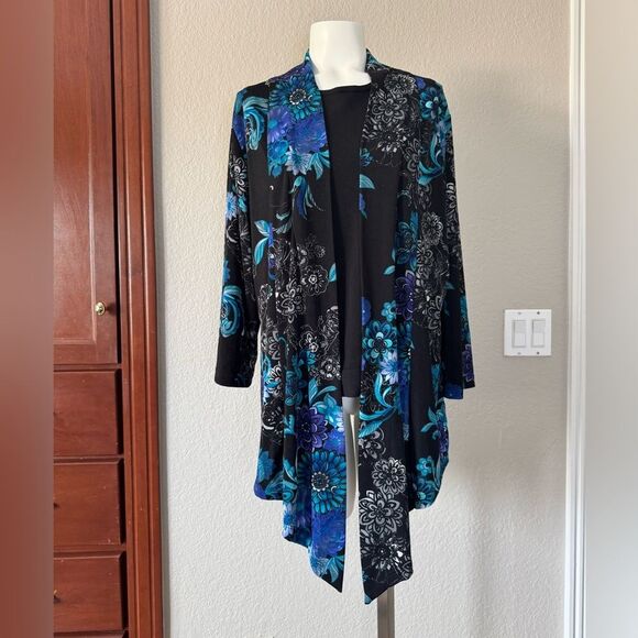 Chico's Black and Blue Floral Jacket 2 12 L Large - Picture 2 of 8